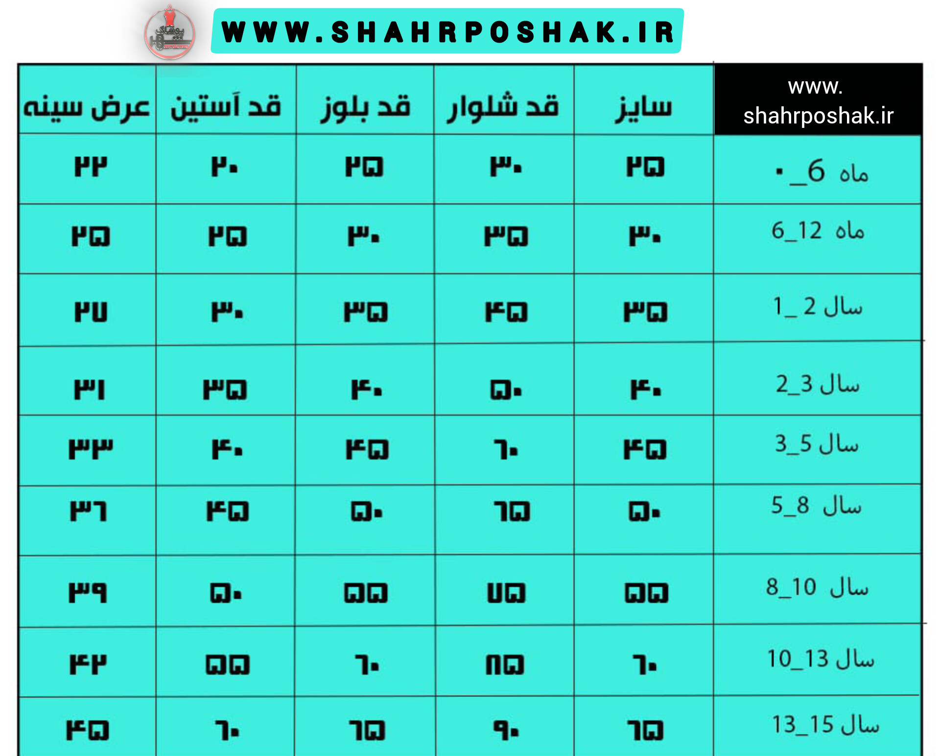 جدول سایز بندی