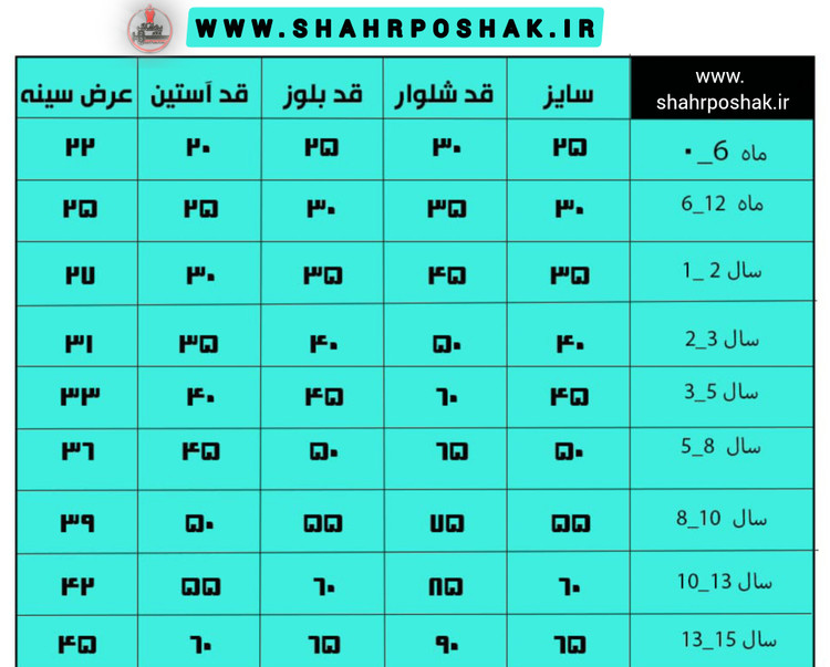 جدول سایز بندی